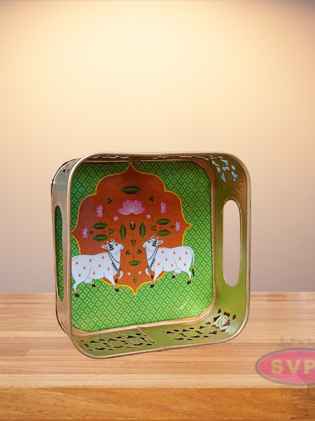 Gold Colored Metal Pichwai Square Shaped Cow Design Serving Tray