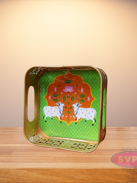 Gold Colored Metal Pichwai Square Shaped Cow Design Serving Tray