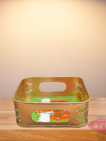 Gold Colored Metal Pichwai Square Shaped Cow Design Serving Tray