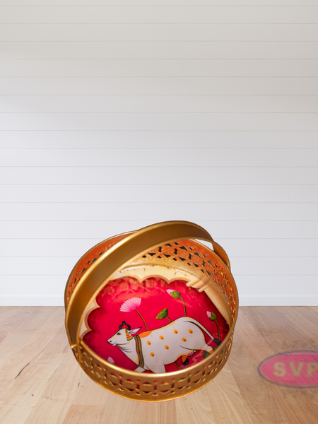 Metal Round Shape Pichwai Design Tray With Handle