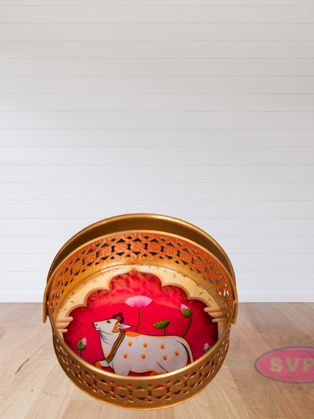 Metal Round Shape Pichwai Design Tray With Handle