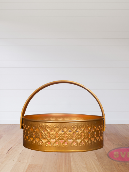 Metal Round Shape Pichwai Design Tray With Handle