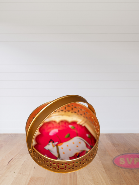 Metal Round Shape Pichwai Design Tray With Handle