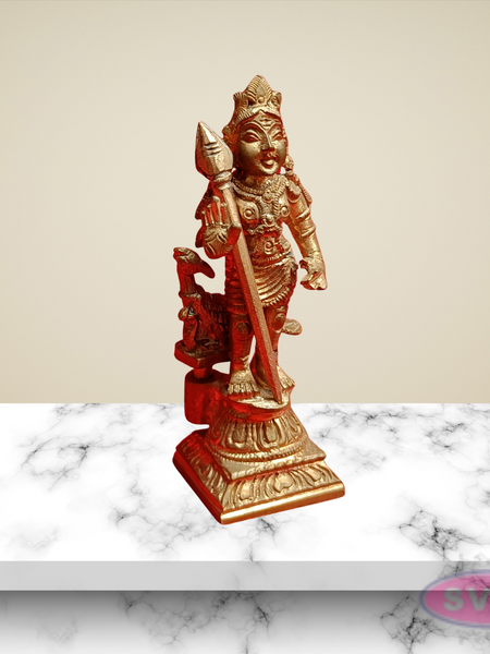 Handmade Panchalogam   Murugar With Peacock / Kumarar Karthikeyar Statue - 4 Inches