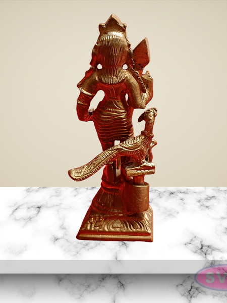 Handmade Panchalogam   Murugar With Peacock / Kumarar Karthikeyar Statue - 4 Inches