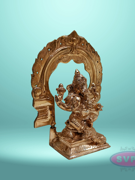 Panchaloha Ganesh Murti Sitting On Base With Arch