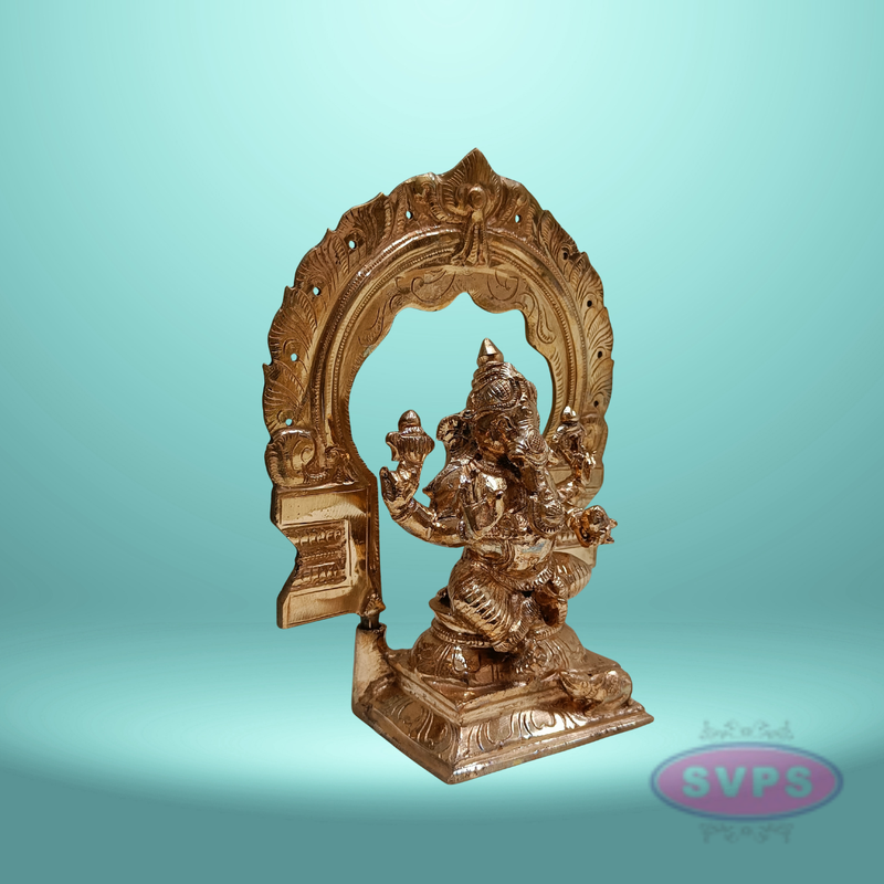 Panchaloha Ganesh Murti Sitting On Base With Arch