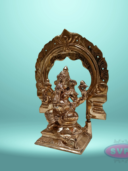 Panchaloha Ganesh Murti Sitting On Base With Arch