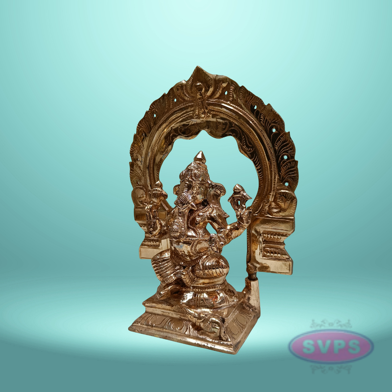 Panchaloha Ganesh Murti Sitting On Base With Arch