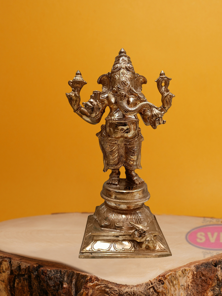 Panchaloha Standing Four Armed Ganesha With Rat Statue