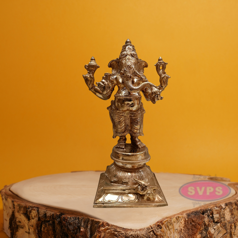 Panchaloha Standing Four Armed Ganesha With Rat Statue