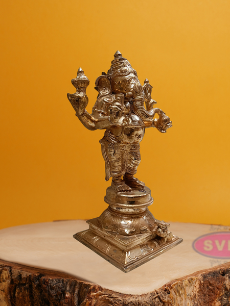 Panchaloha Standing Four Armed Ganesha With Rat Statue