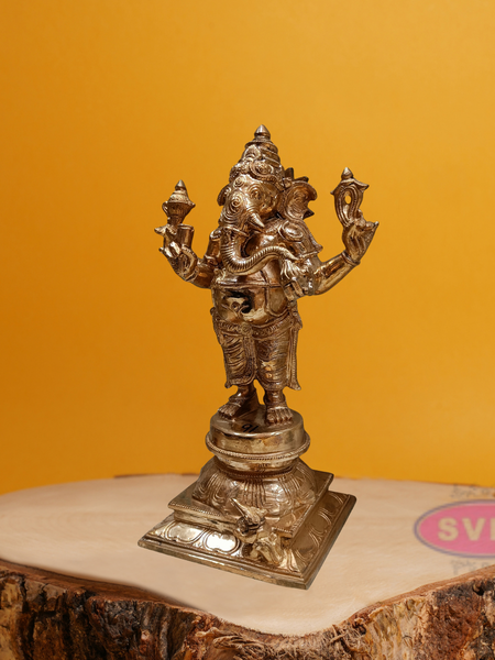 Panchaloha Standing Four Armed Ganesha With Rat Statue