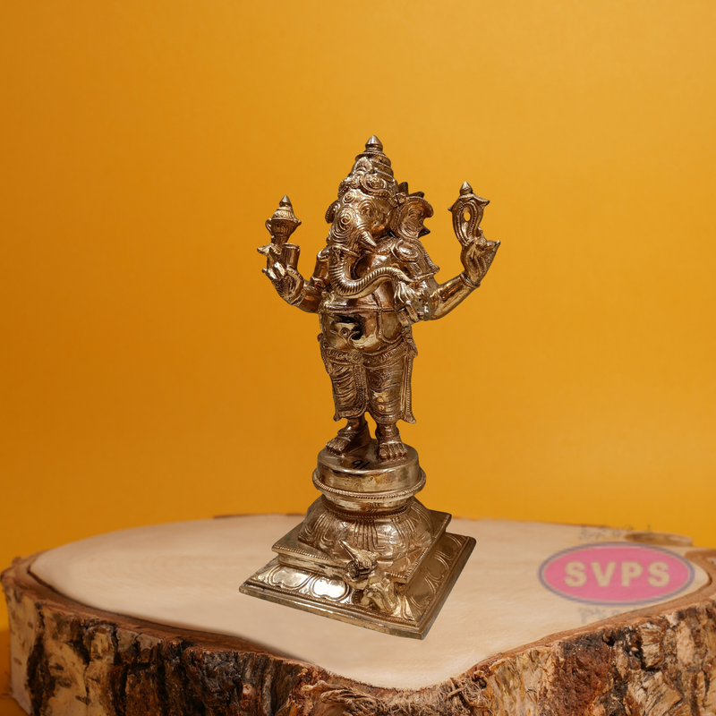 Panchaloha Standing Four Armed Ganesha With Rat Statue