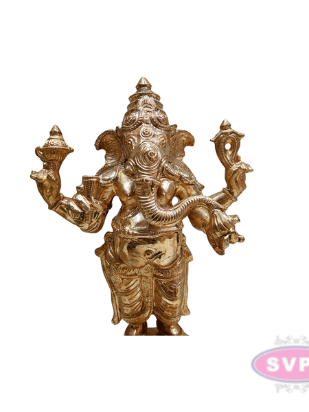 Panchaloha Standing Four Armed Ganesha With Rat Statue