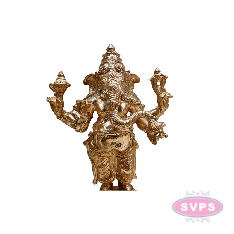 Panchaloha Standing Four Armed Ganesha With Rat Statue