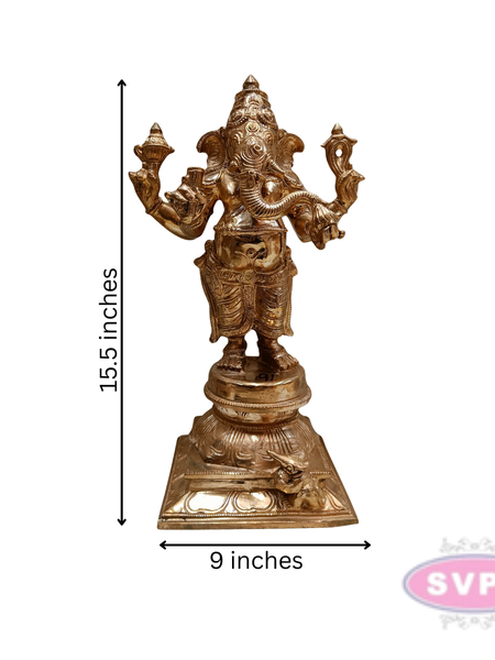 Panchaloha Standing Four Armed Ganesha With Rat Statue