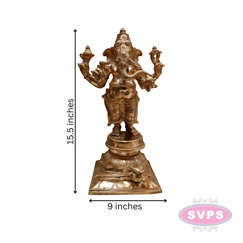 Panchaloha Standing Four Armed Ganesha With Rat Statue