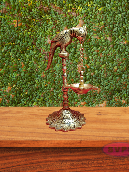 Brass Parrot With Hanging Oil Lamp