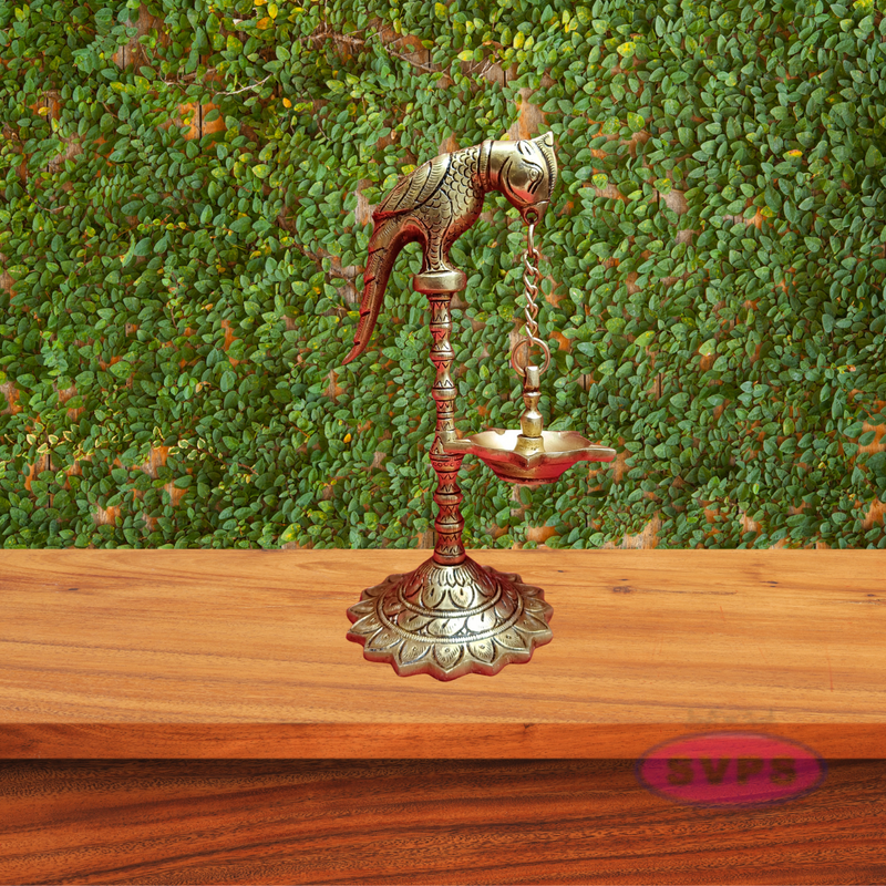 Brass Parrot With Hanging Oil Lamp