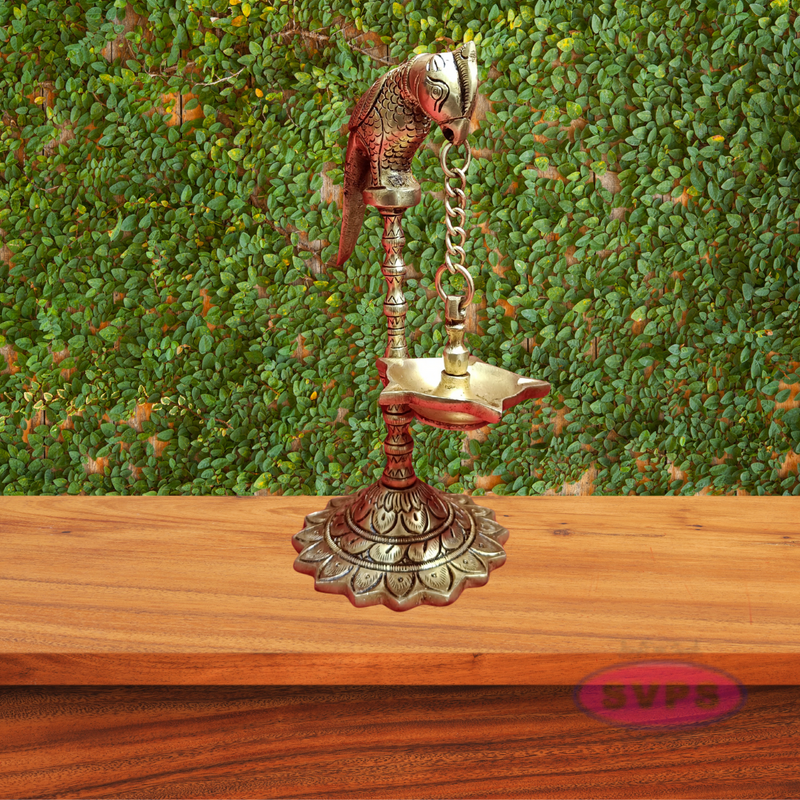 Brass Parrot With Hanging Oil Lamp