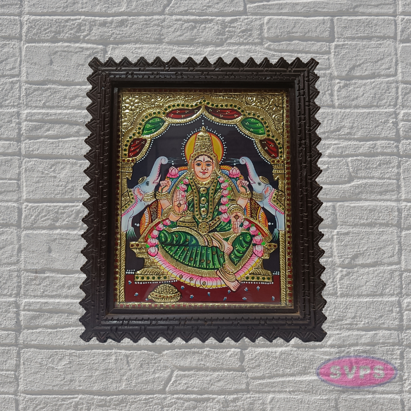 Goddess Lakshmi Tanjore Painting with Premium Teak Wood Frame – Gold Foil Traditional Art