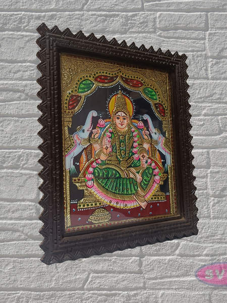 Goddess Lakshmi Tanjore Painting with Premium Teak Wood Frame – Gold Foil Traditional Art
