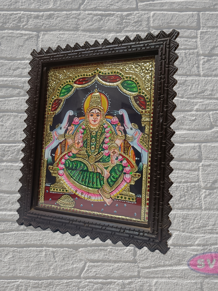Goddess Lakshmi Tanjore Painting with Premium Teak Wood Frame – Gold Foil Traditional Art