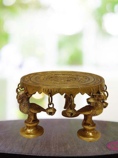 Brass Peacock Chowki / Peeta with Bells – Handcrafted Pooja Stand
