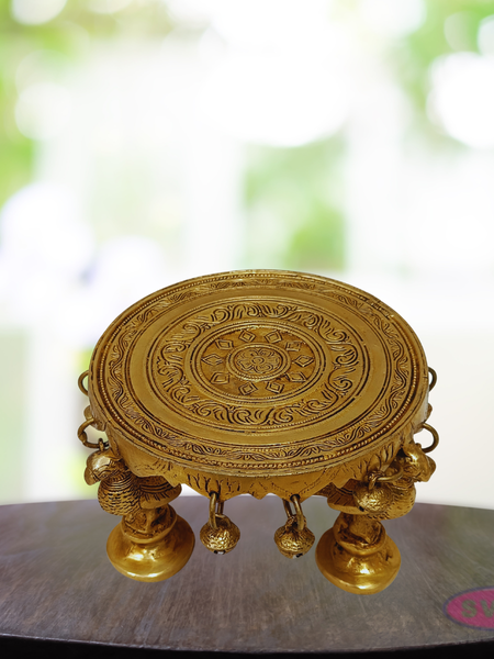 Brass Peacock Chowki / Peeta with Bells – Handcrafted Pooja Stand