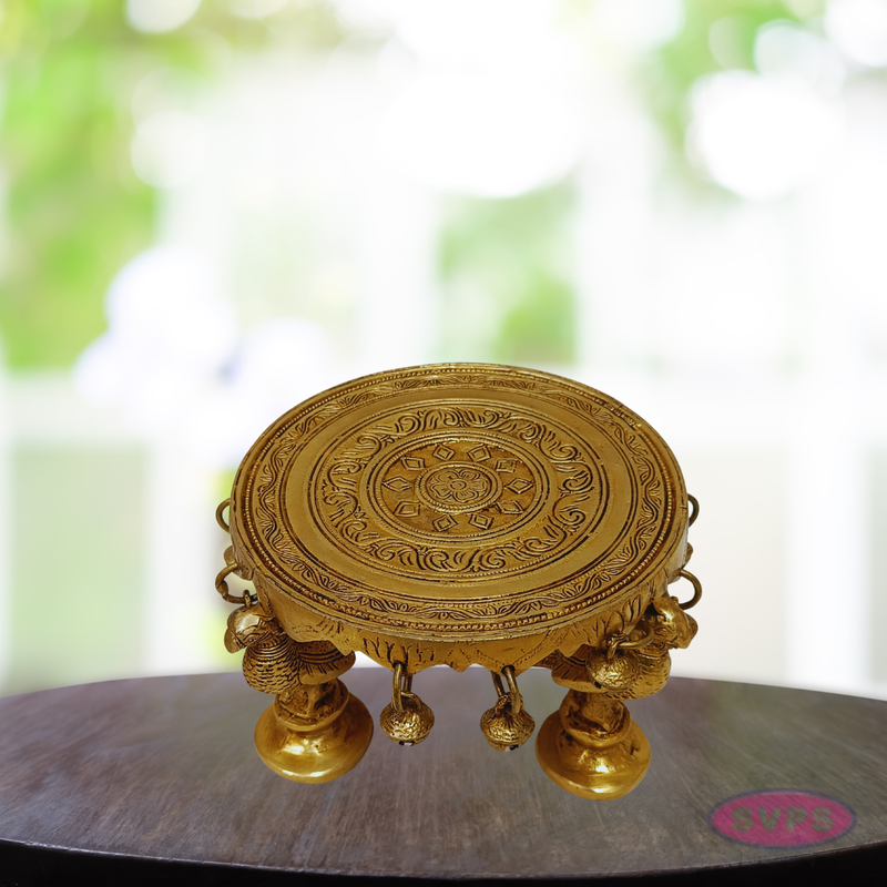 Brass Peacock Chowki / Peeta with Bells – Handcrafted Pooja Stand