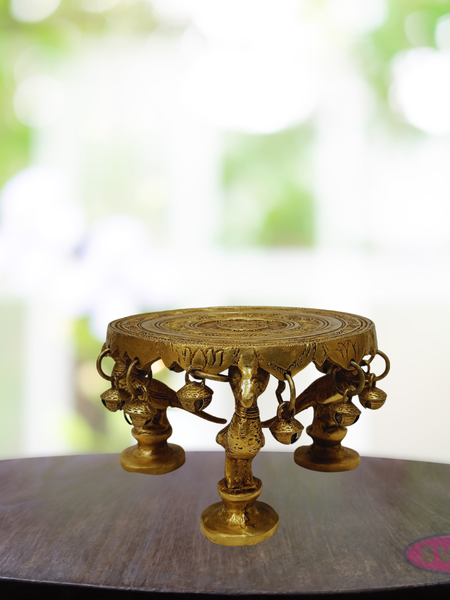Brass Peacock Chowki / Peeta with Bells – Handcrafted Pooja Stand