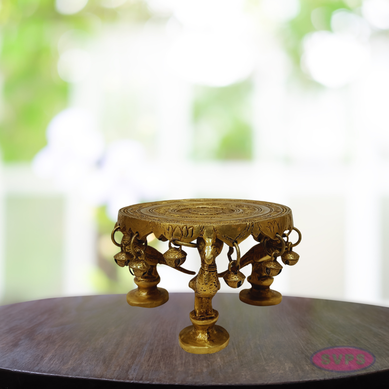 Brass Peacock Chowki / Peeta with Bells – Handcrafted Pooja Stand