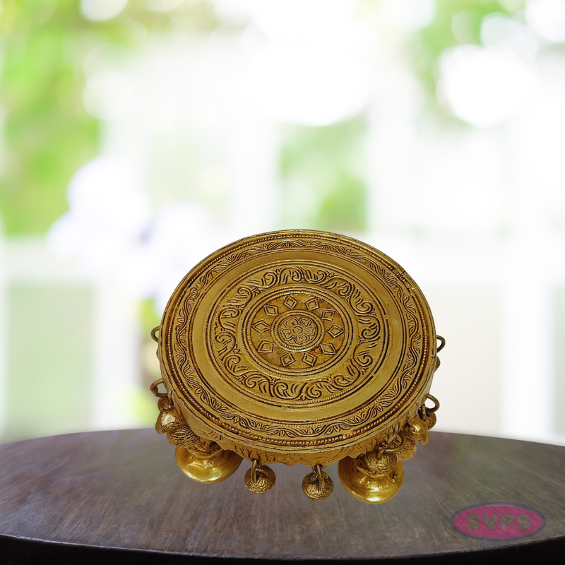 Brass Peacock Chowki / Peeta with Bells – Handcrafted Pooja Stand