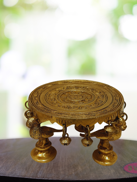 Brass Peacock Chowki / Peeta with Bells – Handcrafted Pooja Stand