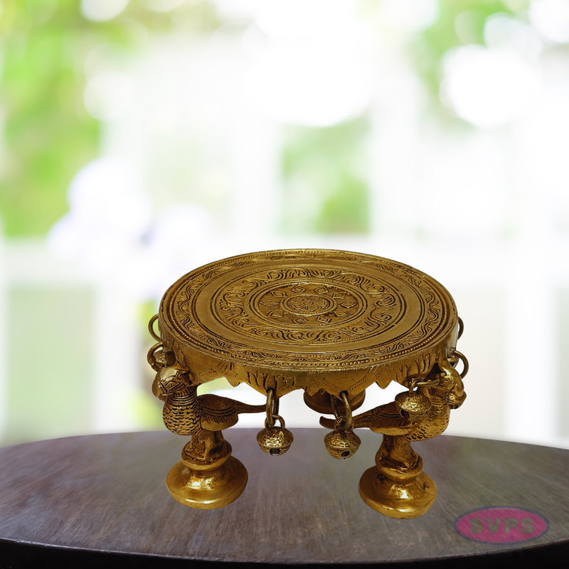 Brass Peacock Chowki / Peeta with Bells – Handcrafted Pooja Stand