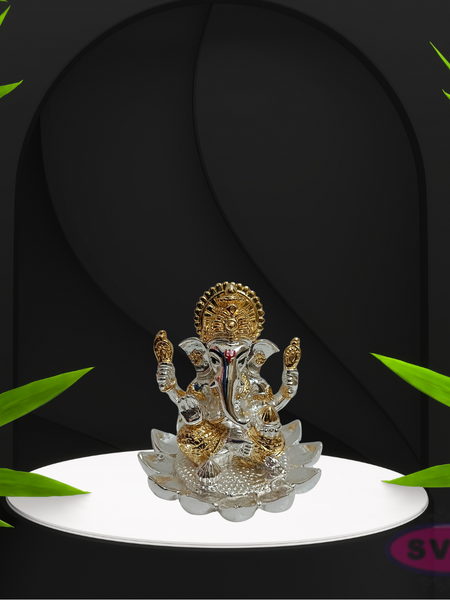 Resin Ganesh On lotus Gold Coated Statue For Car Dashboard