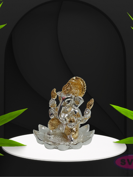 Resin Ganesh On lotus Gold Coated Statue For Car Dashboard