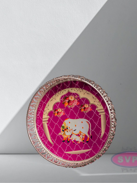 Round Shape German Silver Cow And Calf Tray