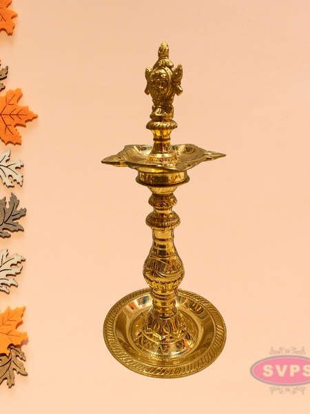 Traditional Brass Shankh Chakra Kuthu Vilakku | Antique Finish Deepam for Pooja & Home Décor