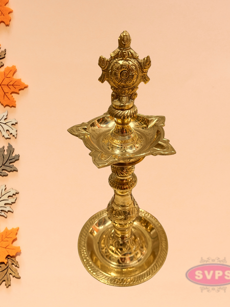 Traditional Brass Shankh Chakra Kuthu Vilakku | Antique Finish Deepam for Pooja & Home Décor