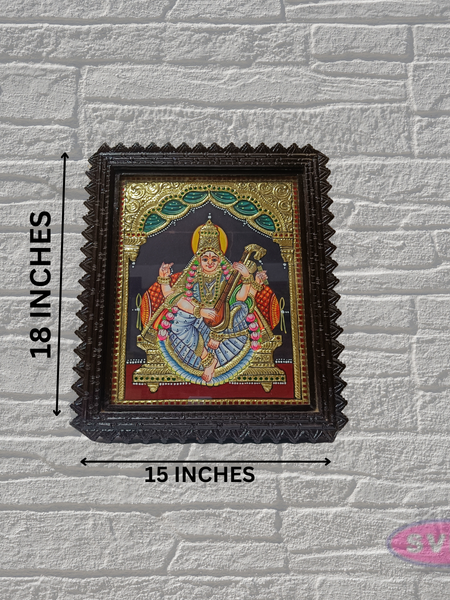 Tanjore Painting of Goddess Saraswati with Teakwood Frame 18x15 Inch