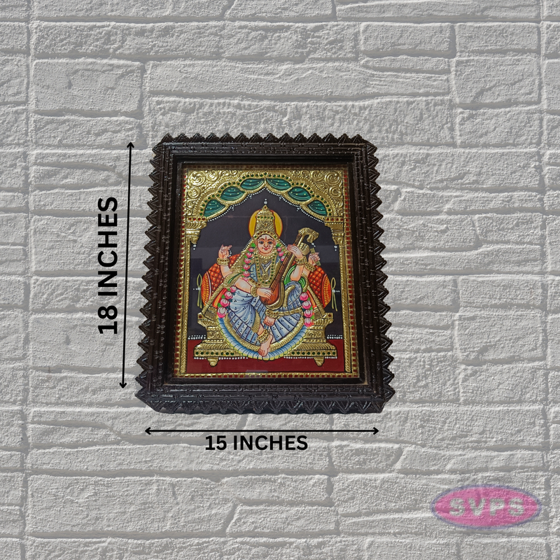 Tanjore Painting of Goddess Saraswati with Teakwood Frame 18x15 Inch