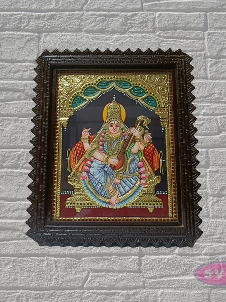 Tanjore Painting of Goddess Saraswati with Teakwood Frame 18x15 Inch