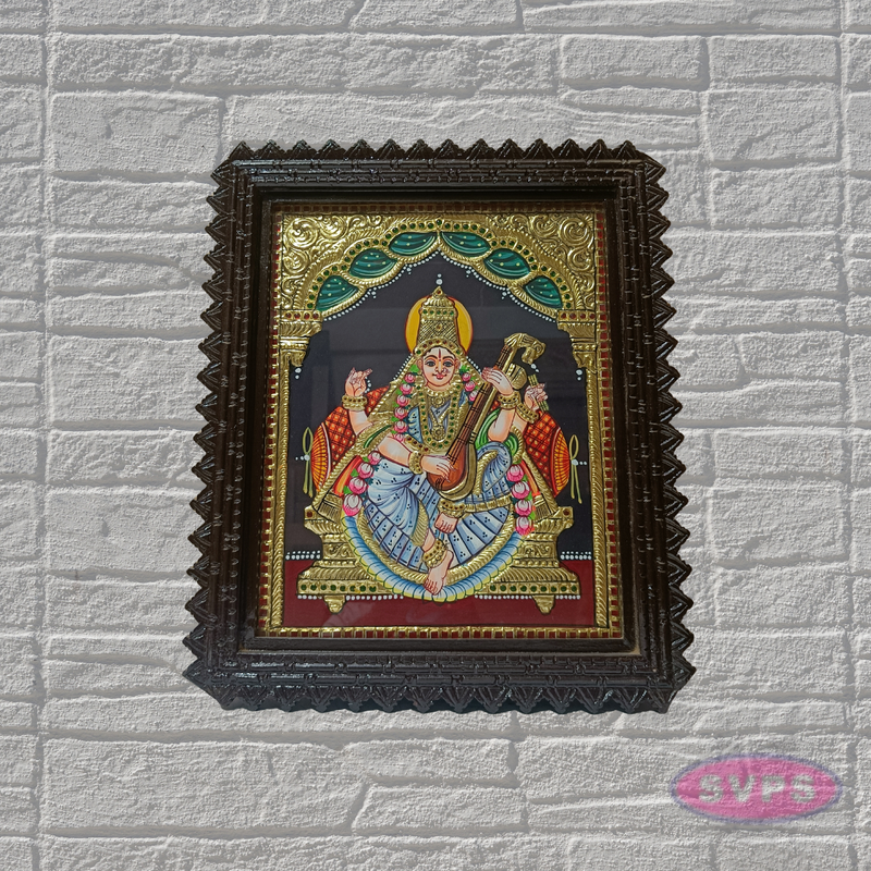 Tanjore Painting of Goddess Saraswati with Teakwood Frame 18x15 Inch