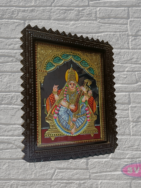Tanjore Painting of Goddess Saraswati with Teakwood Frame 18x15 Inch