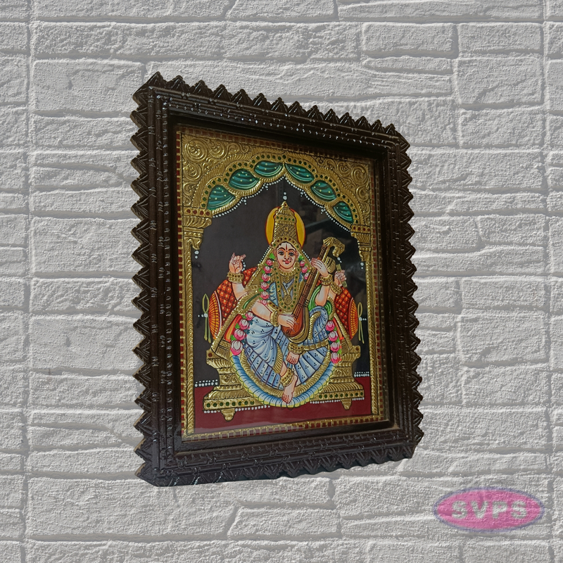 Tanjore Painting of Goddess Saraswati with Teakwood Frame 18x15 Inch