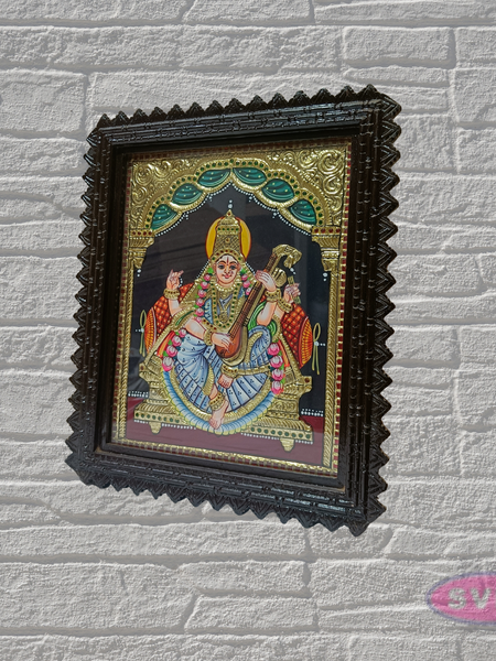Tanjore Painting of Goddess Saraswati with Teakwood Frame 18x15 Inch
