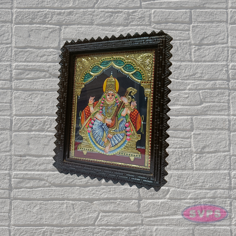 Tanjore Painting of Goddess Saraswati with Teakwood Frame 18x15 Inch