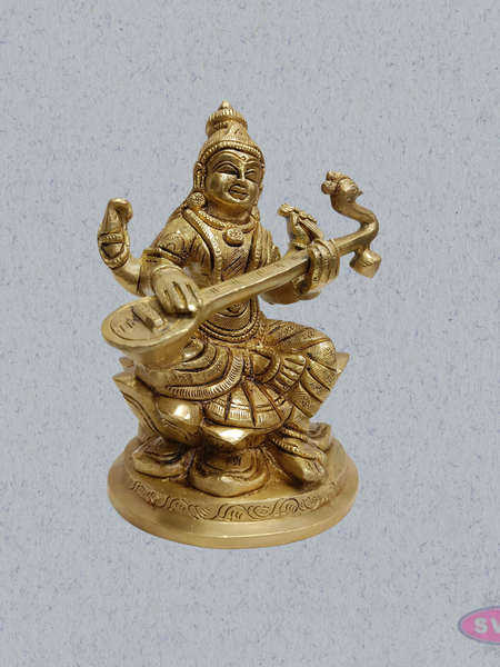 Brass Saraswati Statue with Veena – Handmade Goddess of Wisdom Idol (6 Inches)